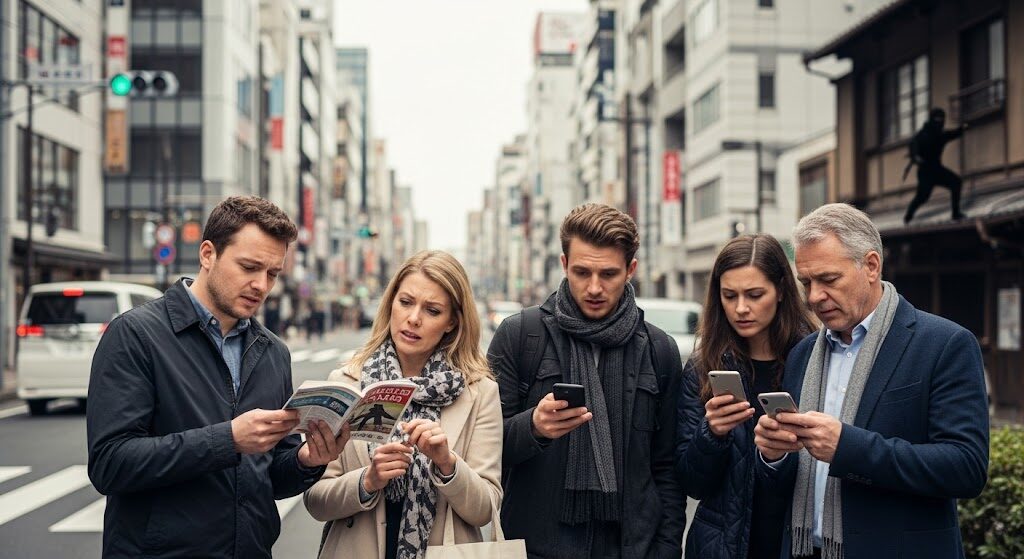 日本に来たのに忍者がいなくてがっかりしている外国人の方々の図。